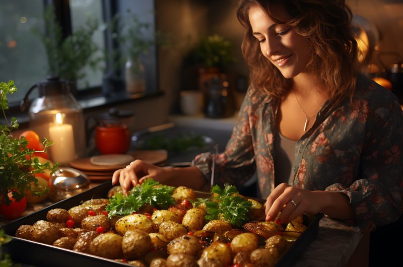 A woman holding a pan of roasted potatoes.