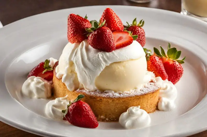 A white plate topped with a scoop of vanilla ice cream, fresh strawberries, and whipped cream.