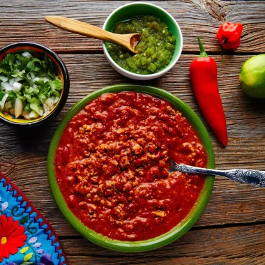 A bowl of chili with a spoon on a wooden table next to two bowls of salsa and onions.