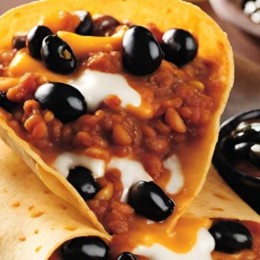 Taco Bell with black beans, cheese, and black olives, resting on a wooden plate.