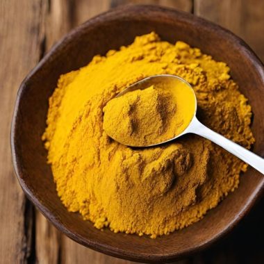 Alt text: A bowl of turmeric powder sitting on a wooden table.