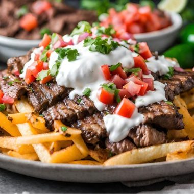 A plate of carne asada fries topped with grilled steak, melted cheese, pico de gallo, and sour cream.