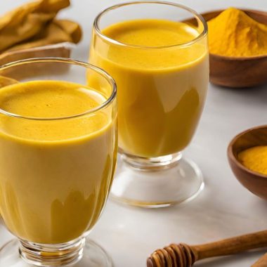 Two glasses of golden milk with turmeric and honey on a white marble surface.